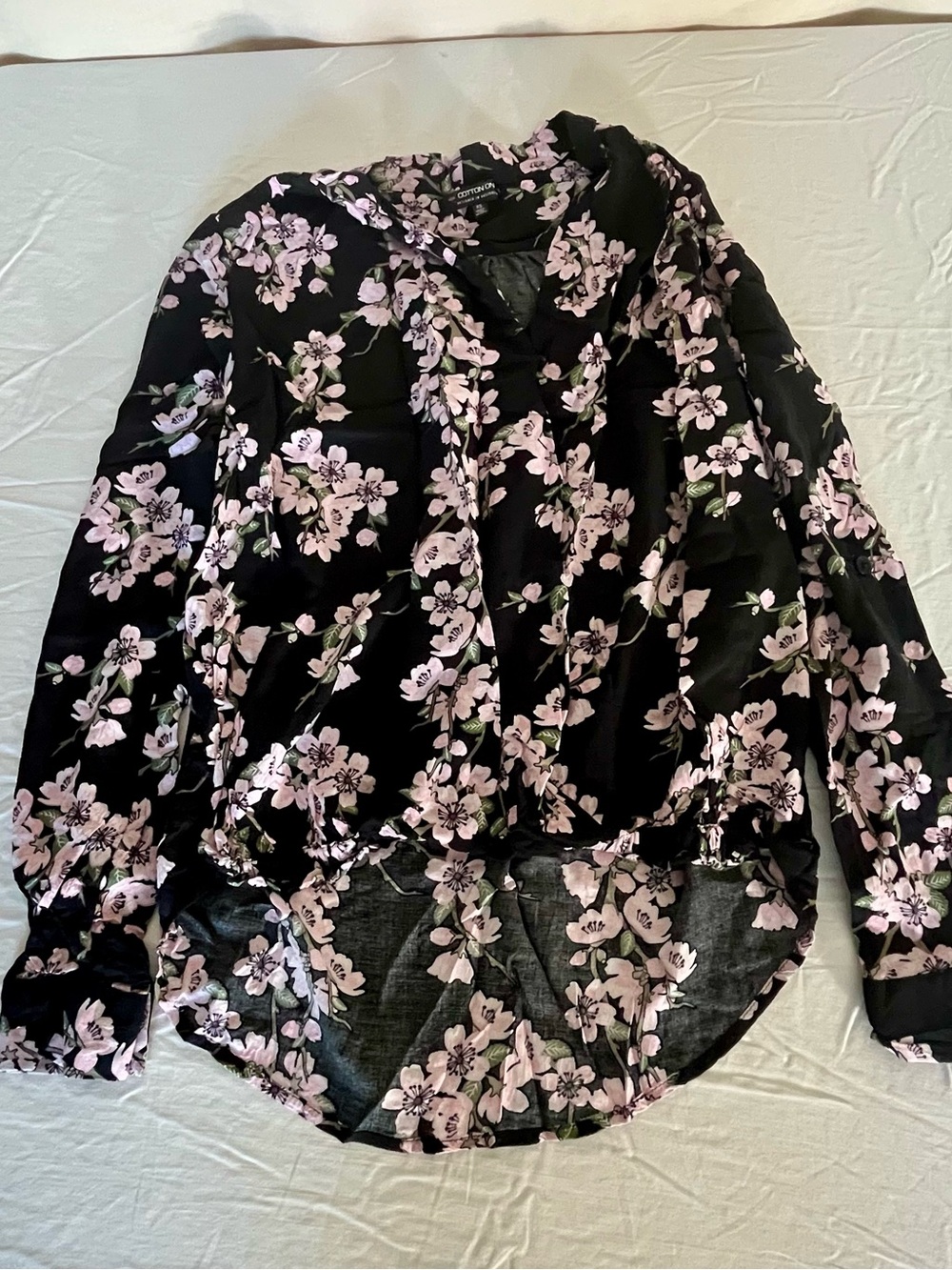 Cotton On Black Pink Cherry Blossom Floral Crop High Low Surplice V-Neck Blouse